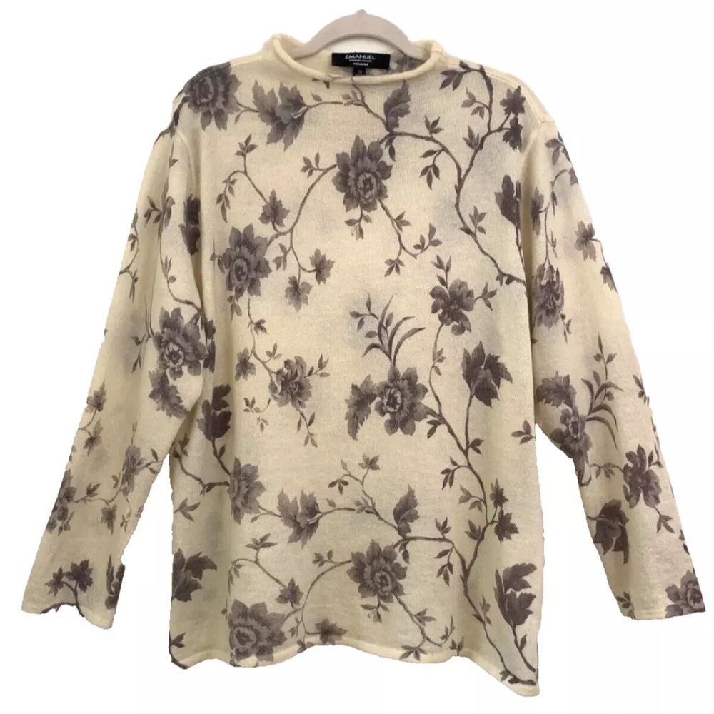Emanuel Ungaro Women Size 2X Knit Beige Blouse Sweater Pullover Floral Print